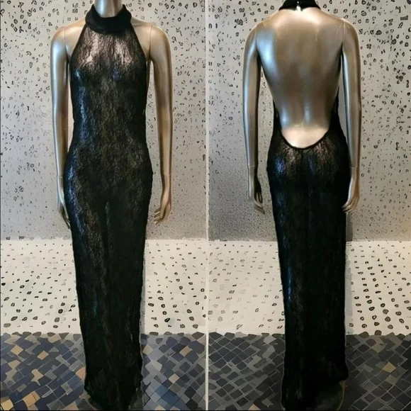 NWT Black Sexy Sheer Halter Neck Backless Bodycon Maxi Dress Sz S - Picture 6 of 9